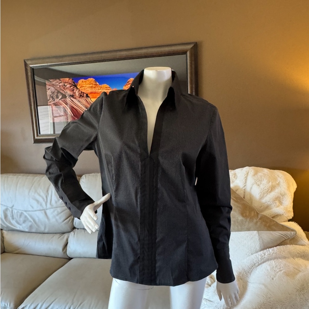 MEXX-Size US 14- NWOT-Black Shirt with thin white pinstripes.